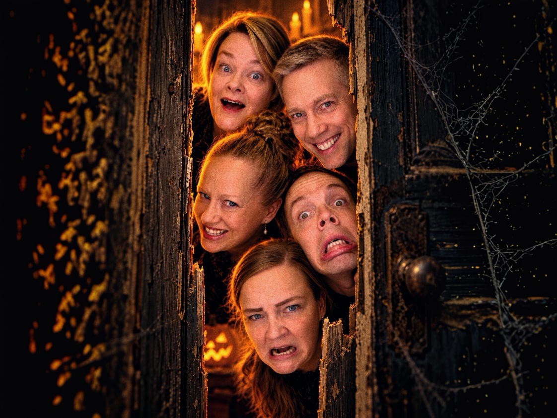 Impro Horror -tapahtumakuva, jossa näyttelijät kurkistavat ränsistyneestä ovenraosta Halloween-tunnelmissa